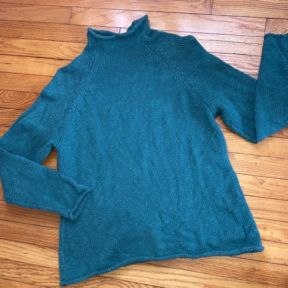 LL Bean green funnel roll neck cotton ragg pullover sweater - Picture 3 of 7